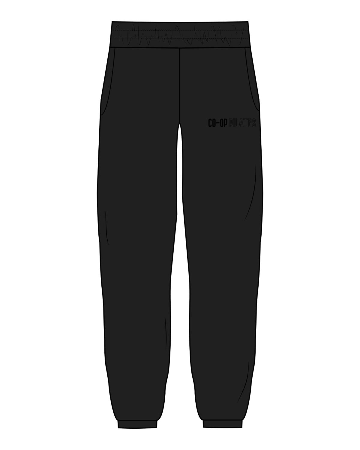 The Womens Sweatpants - Black - Co-Op Pilates - Left Leg Pocket - Embroidered - Tone on Tone