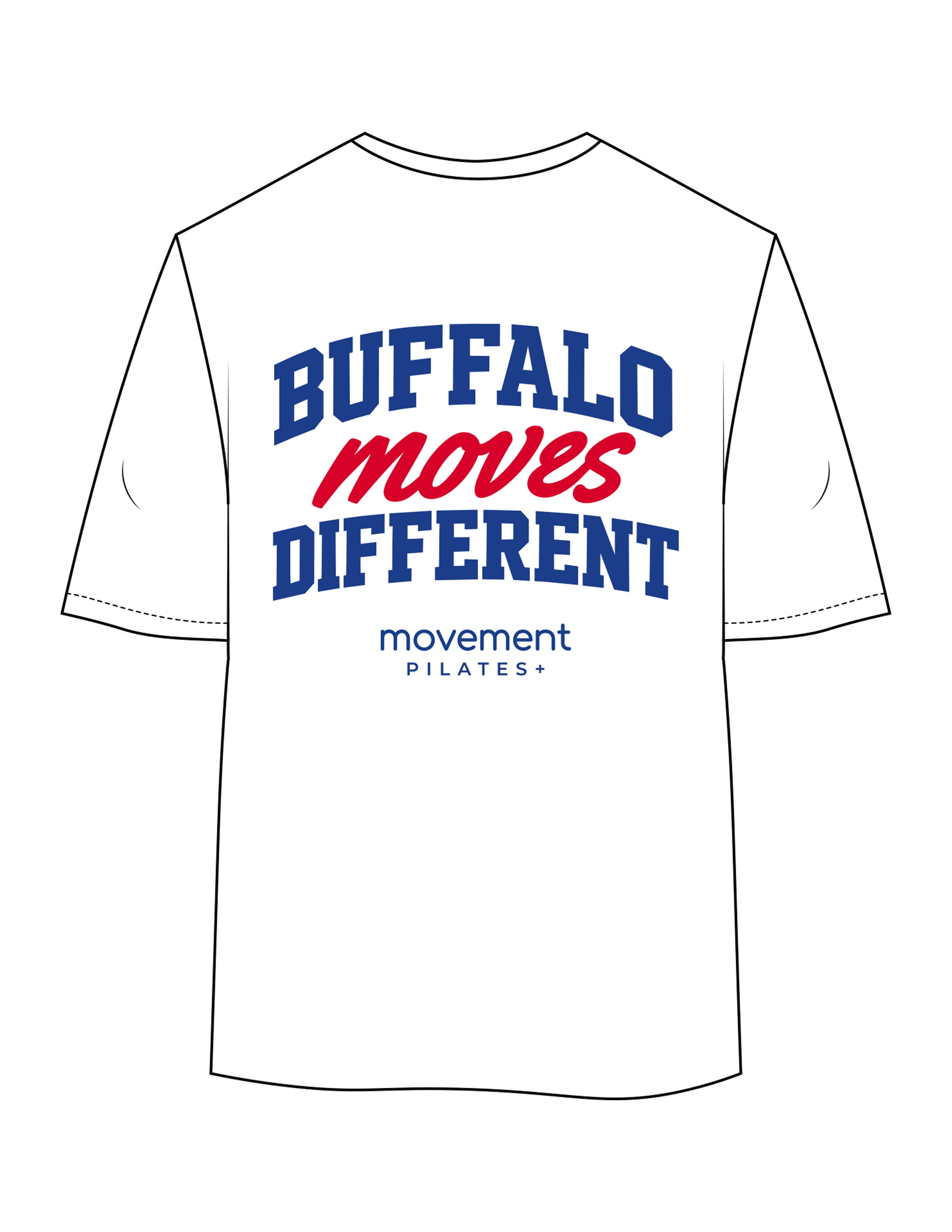 The Womens Oversized Tee - White - Movement Pilates Buffalo - Back Stacked - Printed - Full Color