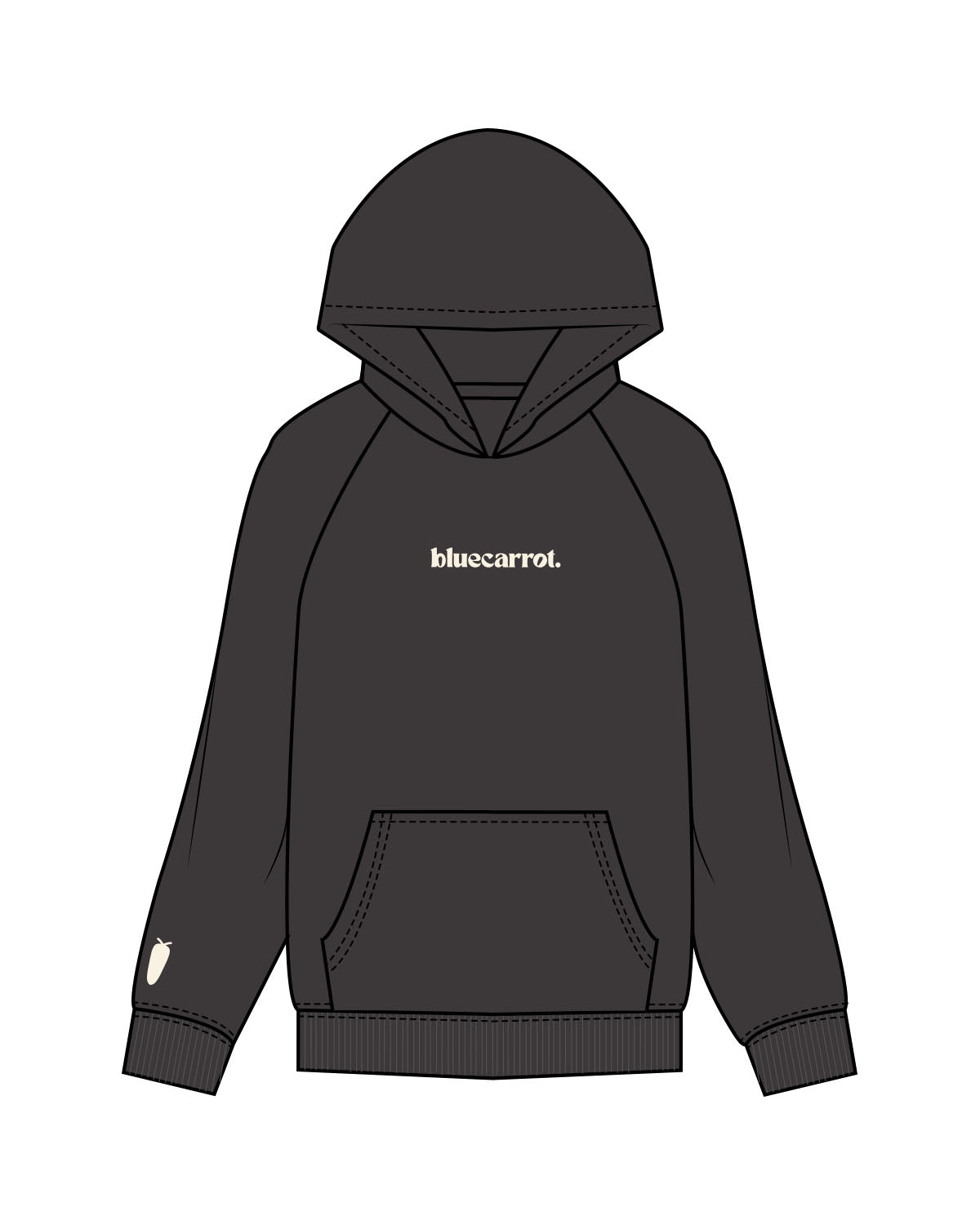 The Womens Hoodie - Washed Black - BlueCarrot - Center Chest & Left Sleeve - Printed - Off White