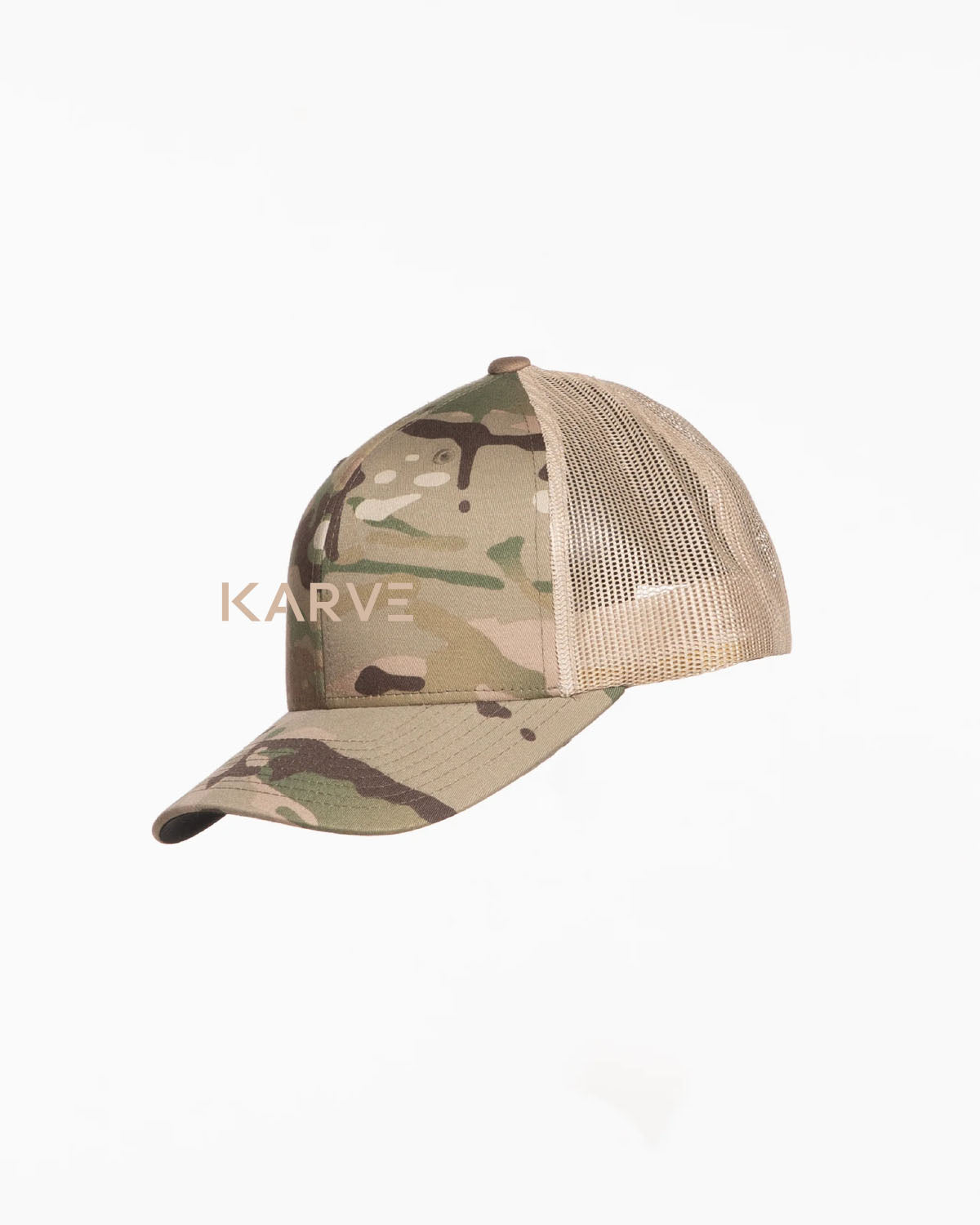 The Trucker Hat - Camo / Sand - Karve Lagree Fit - Center Crown - Embroidered - Sand