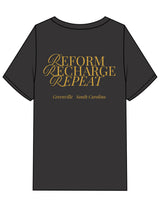The Mens Heavyweight Tee - Washed Charcoal - REFORA - Left Chest Arc Stacked & Back Stacked - Printed - Gold