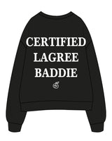 The Womens Crewneck - Black - The Booty Shop - Left Chest - Apple - Back Center Stacked - Apple - White