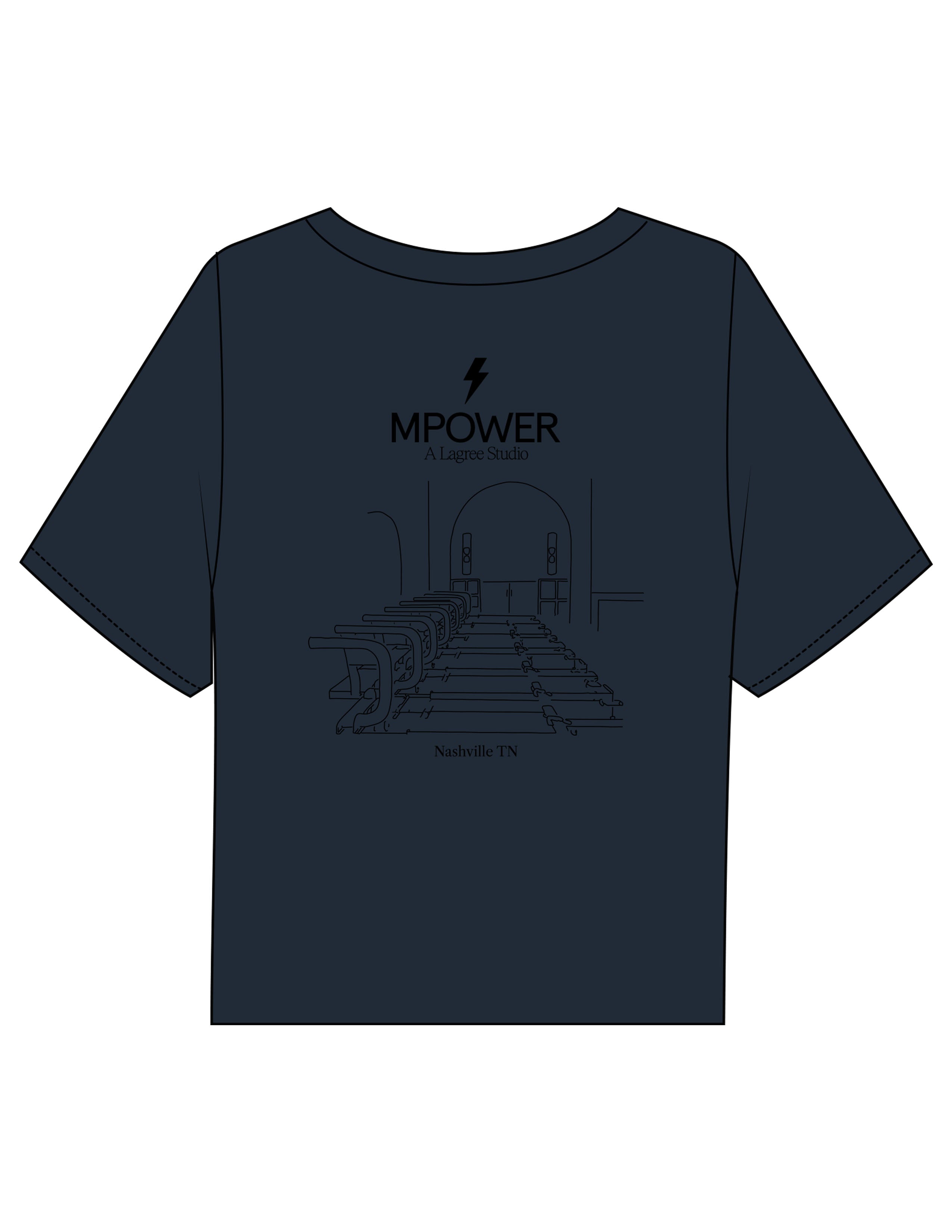 The Boxy Crop Tee - Navy - MPOWER - Left Chest Stacked & Back Image - Printed - Black