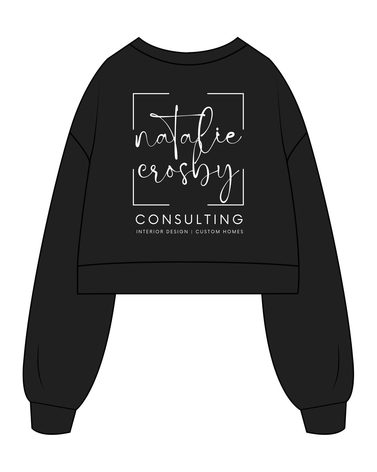 The Womens Crop Crewneck - Black - Natalie Crosby Consulting - Left Chest & Back Stacked - Printed - White