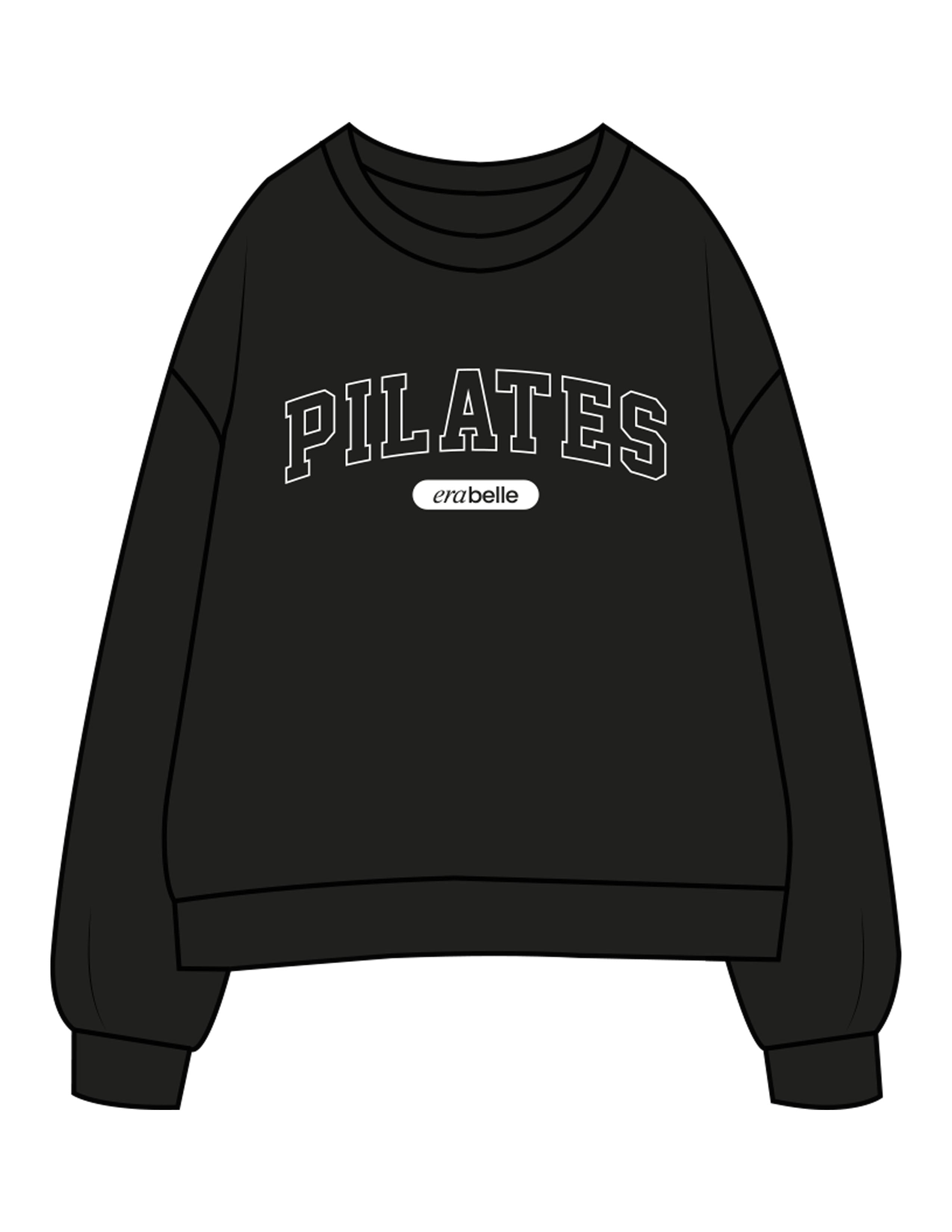 The Womens Crewneck - Black - Erabelle - Chest Arc Stacked "PILATES" - Printed - White