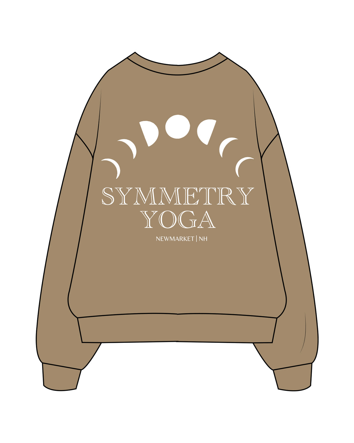The Womens Crewneck - Sand - Symmetry Yoga - Left Chest & Back Center Stacked - White