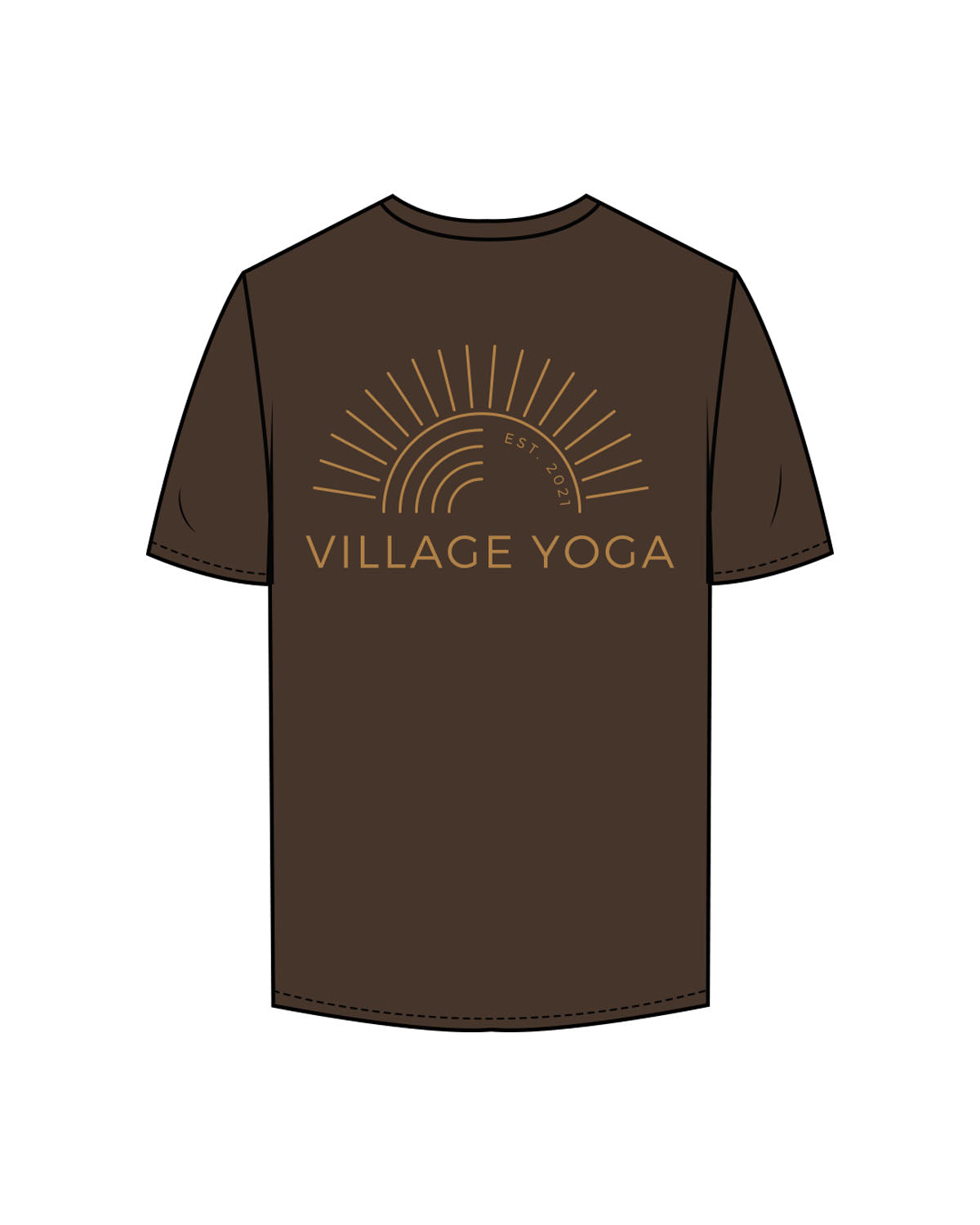 The Mens Tee - Chocolate - Village Yoga - Center Chest Circular & Center Back Stacked - Printed - Full Color
