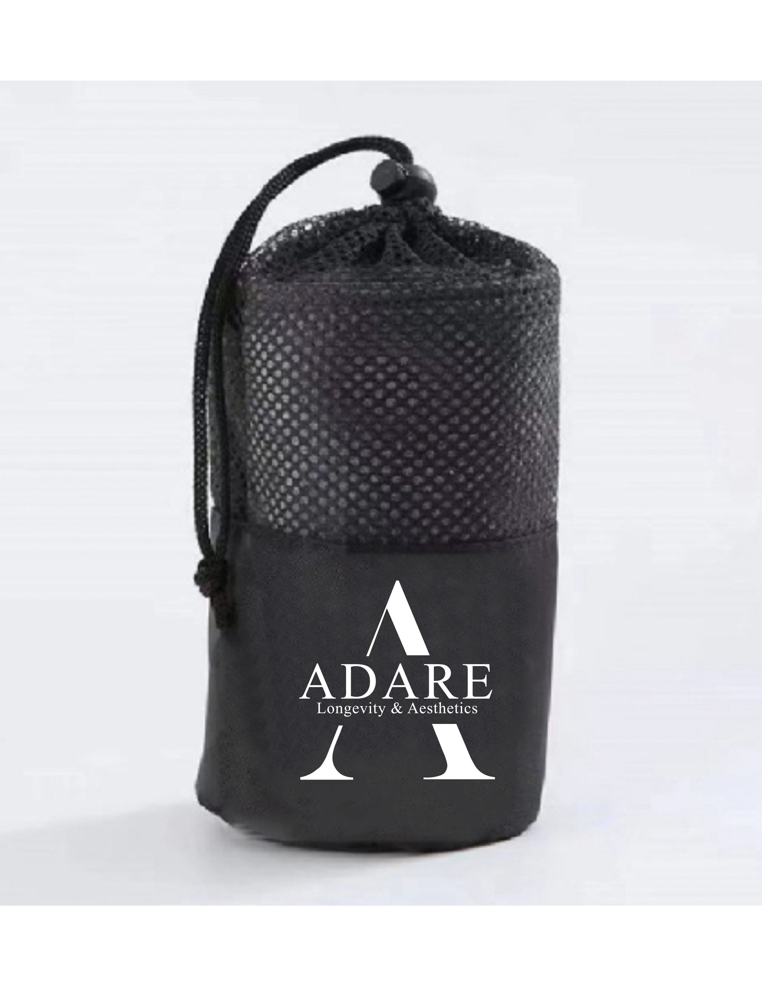 The Gym Towel - Black - ADARE - Front Bottom Stacked - Embroidered - White - The Gym Towel Bag - Black - Center Body Layered - Printed - White