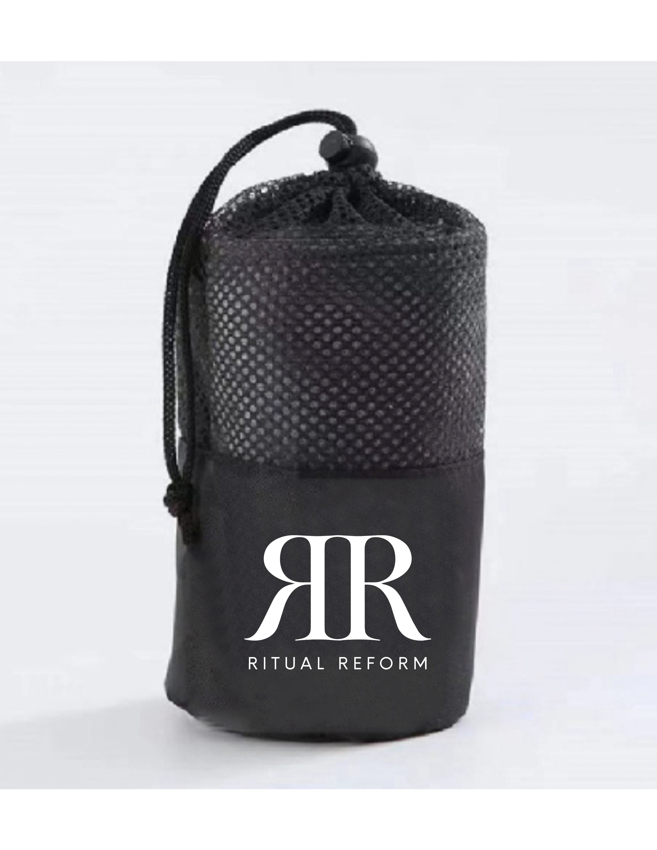 The Gym Towel - Black - Ritual Reform - Front Bottom - Embroidered - Butter - The Gym Towel Bag - Center Body Stacked - Printed - White