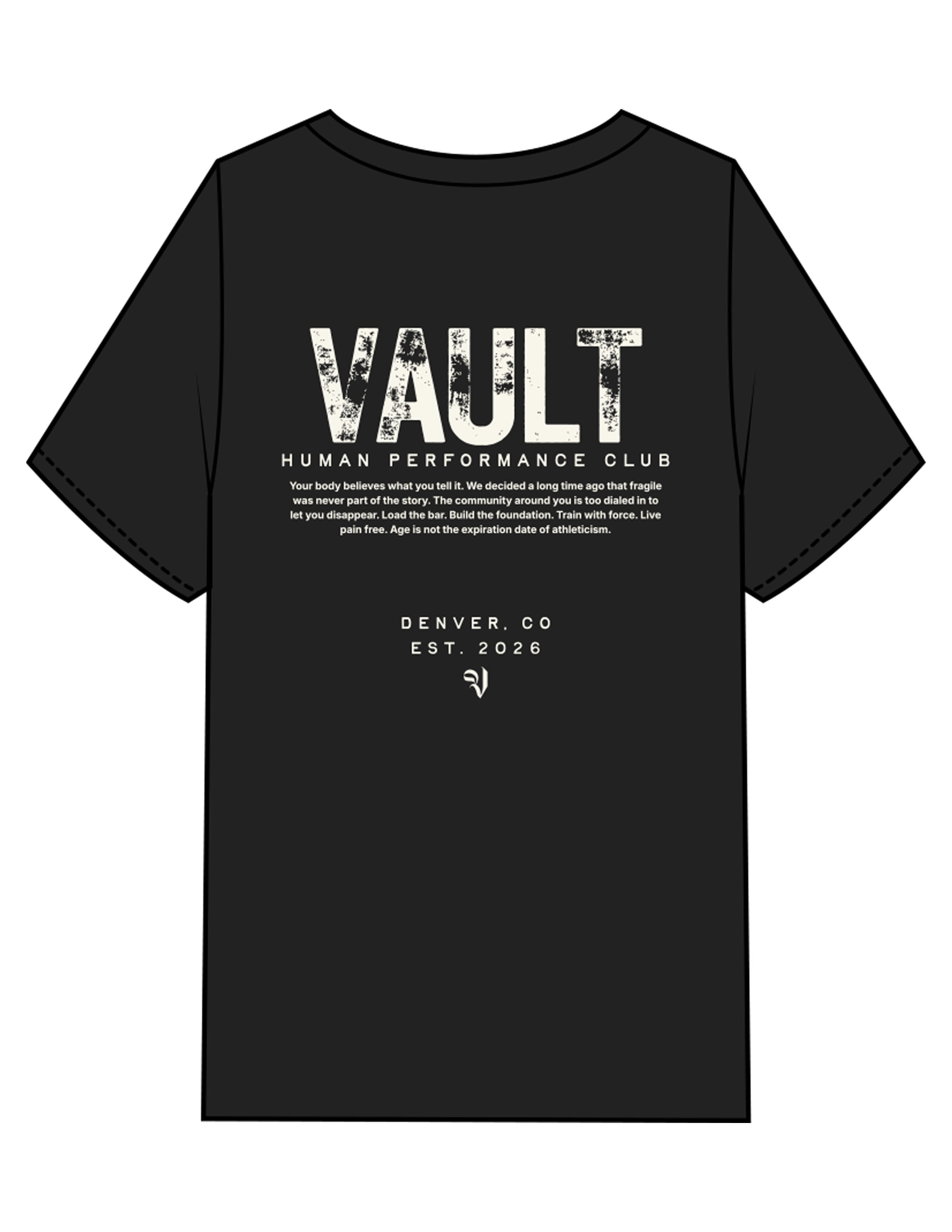 The Mens Heavyweight Tee - Washed Black - The Vault - Front Bottom Left & Back Stacked - Printed - Off White