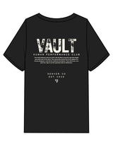 The Mens Heavyweight Tee - Washed Black - The Vault - Front Bottom Left & Back Stacked - Printed - Off White