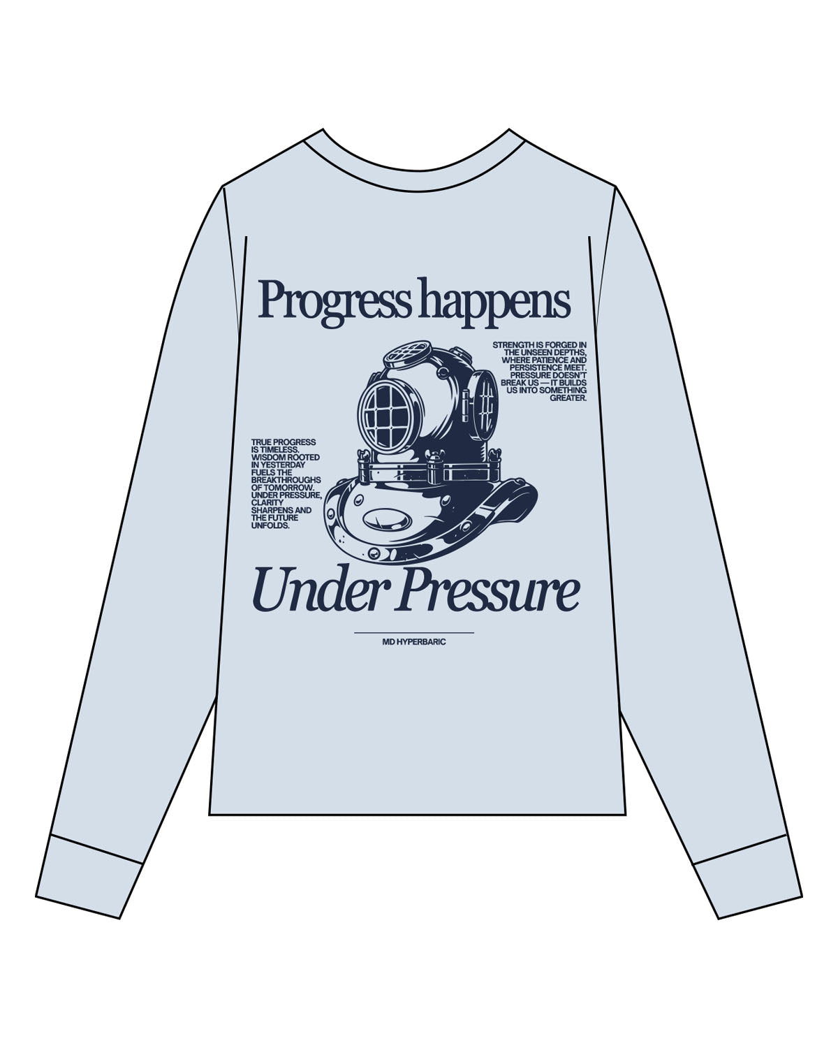 The Unisex Midweight Long Sleeve - Sky Blue - MD Hyperbaric - Left Chest Round & Back Illustration - Printed - Navy