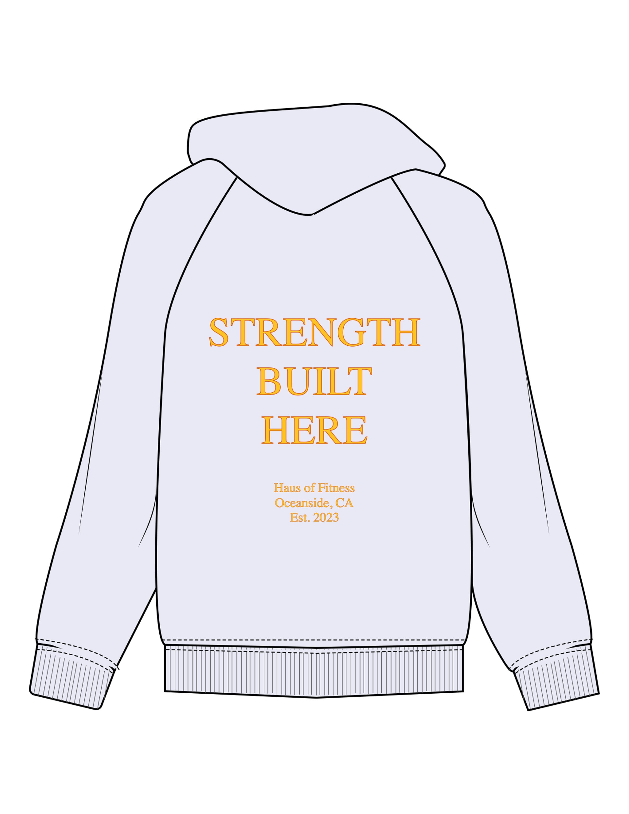 The Mens Hoodie - White Heather - Haus of Fitness - Center Chest Round & Back Stacked - Printed - Full Color