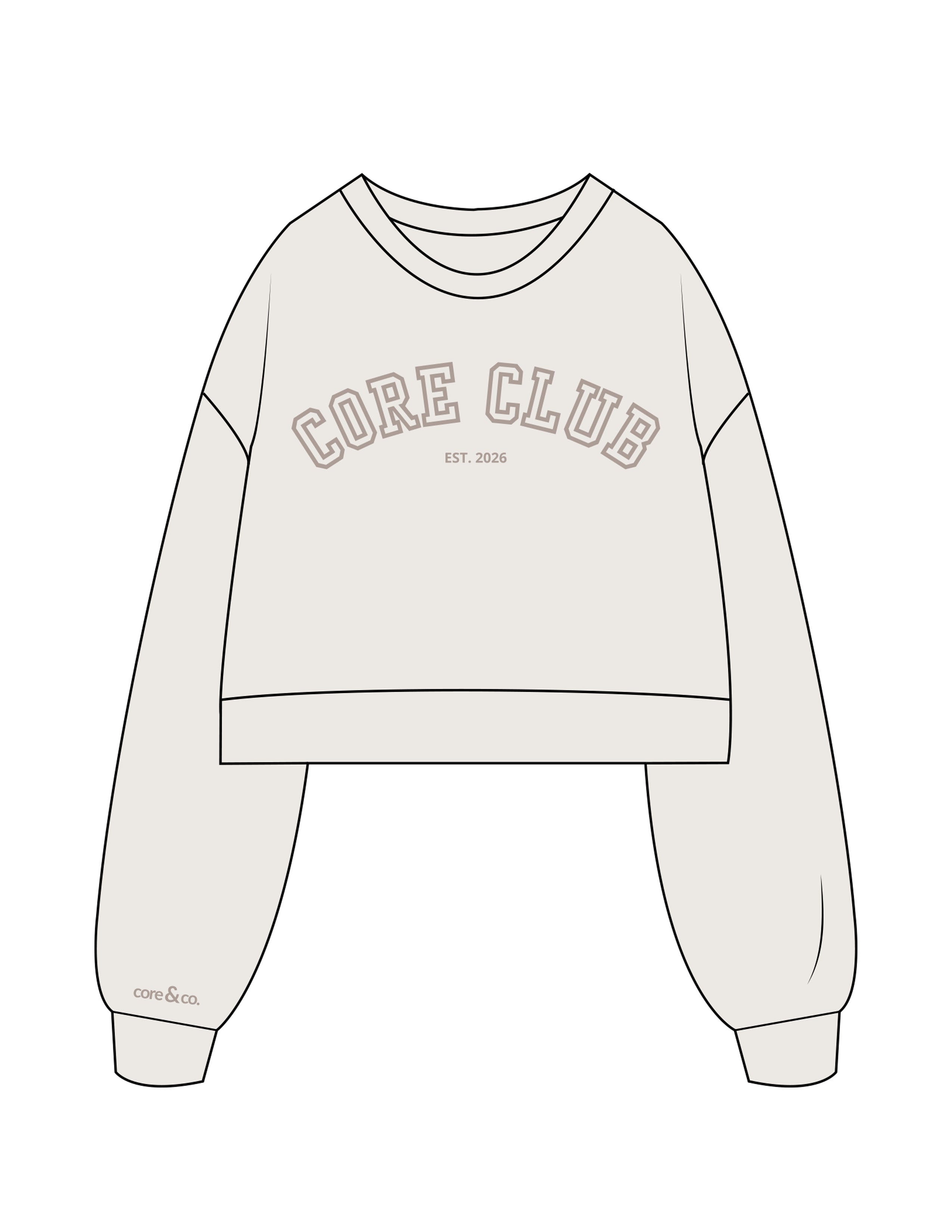 The Womens Crop Crewneck - Bone - Core&Co - Center Chest Stacked & Right Wrist - Printed - Tone on Tone