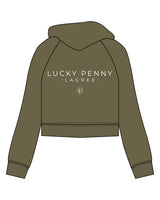 The Half Zip Hoodie - Olive - Lucky Penny - Left Chest Logo & Center Back Logo Stacked - Printed - White