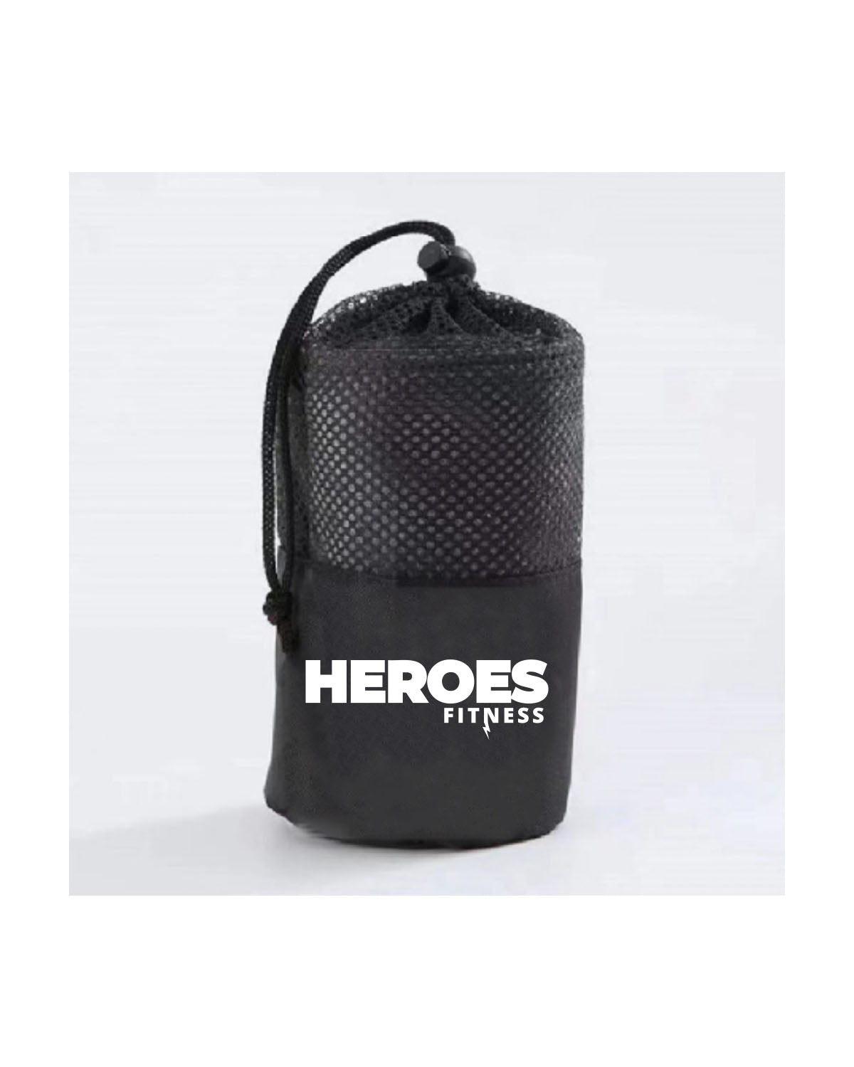 The Gym Towel - Black - Heroes Fitness - Front Center Bottom - Printed - White - The Gym Towel Bag - Black - Center Body Stacked - Printed - White