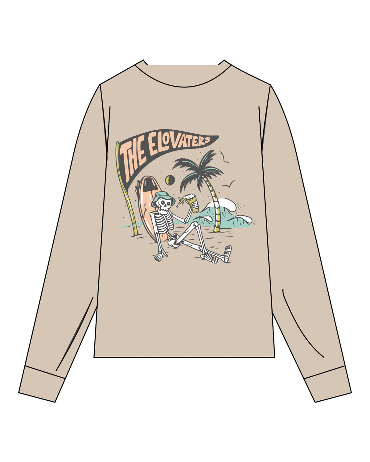 The Mens Heavyweight Long Sleeve - Washed Khaki - Beverly Hills - Left Chest Stacked & Back Image - Printed - Full Color