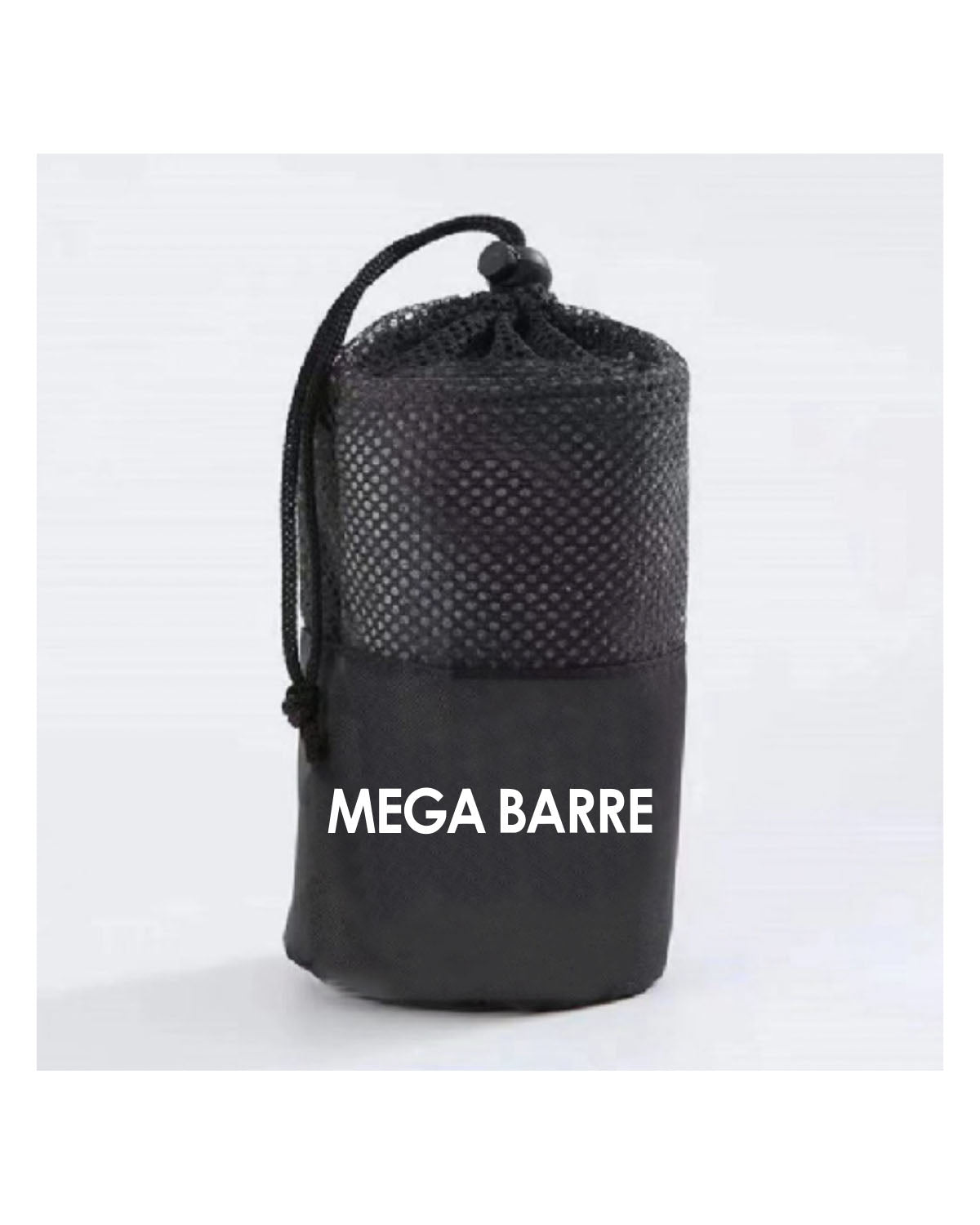 The Gym Towel - Black - MegaBarre - Front Bottom Logo - Embroidered - Full Color - The Gym Towel Bag - Black - Center Body - Printed - White