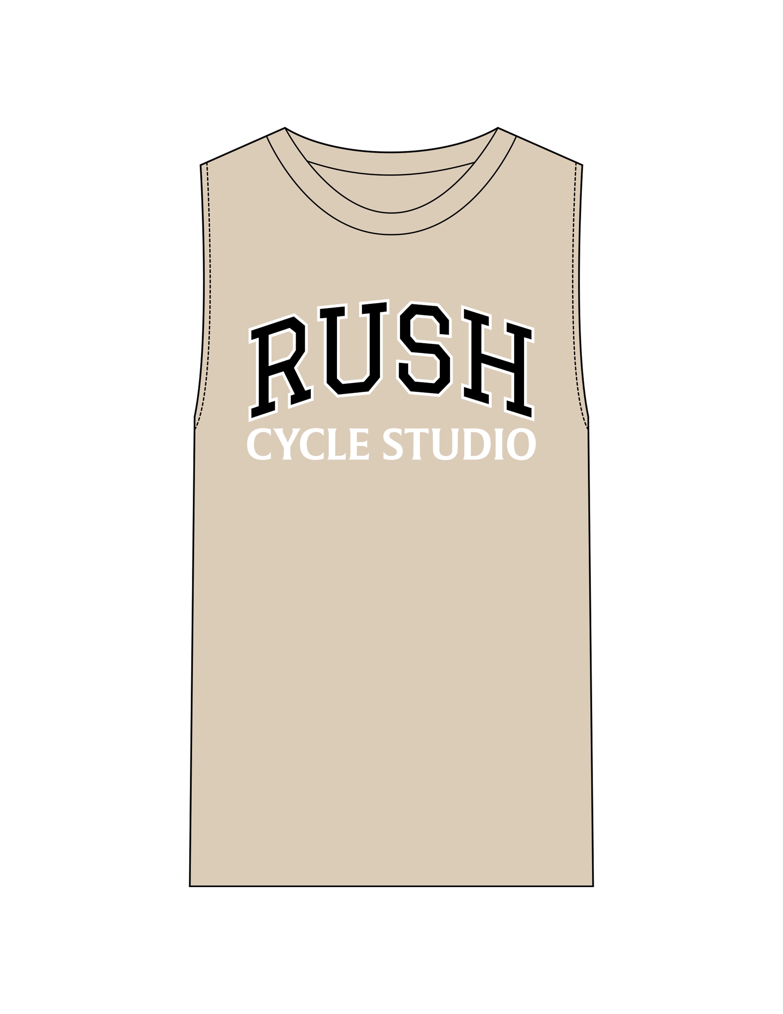 The Mens Heavyweight Tank - Washed Khaki - Rush Cycle Studio - Center Chest Stacked - Printed - Full Color