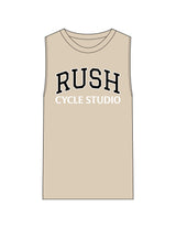 The Mens Heavyweight Tank - Washed Khaki - Rush Cycle Studio - Center Chest Stacked - Printed - Full Color