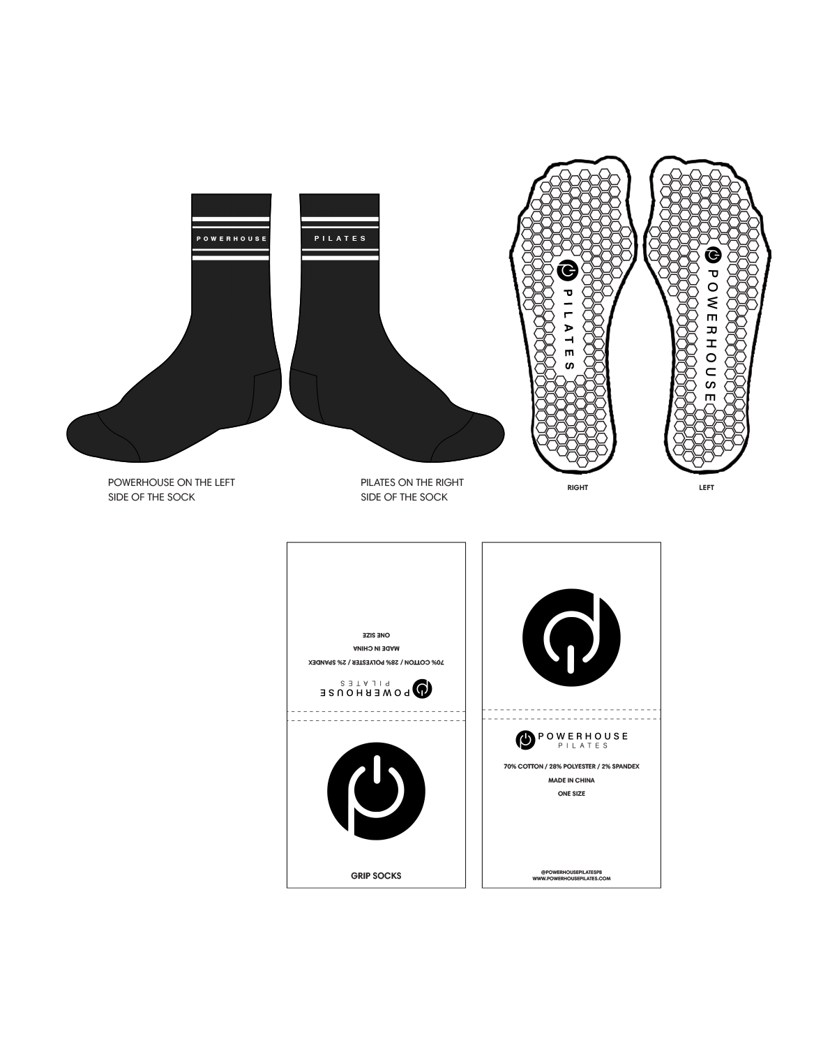 The Crew Grip Socks - Black - Powerhouse Pilates - White Logo & Grip
