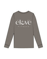 The Womens Heavyweight Long Sleeve - Washed Gray - Eleve Fitness - Left Chest / Back - White