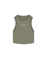 The Ribbed Crop Tank - Eucalyptus - Eleve Fitness - Center - White Embroidered