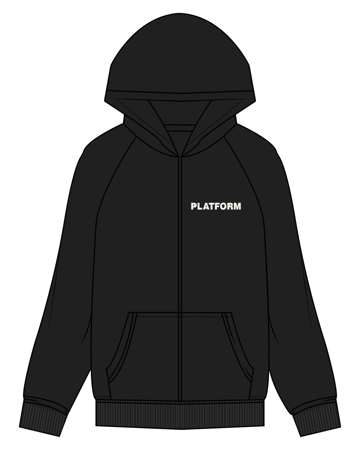 The Womens Zip Hoodie - Black - Platform - Left Chest - Back Center - La Jolla - Liberty Station - Printed - Off White