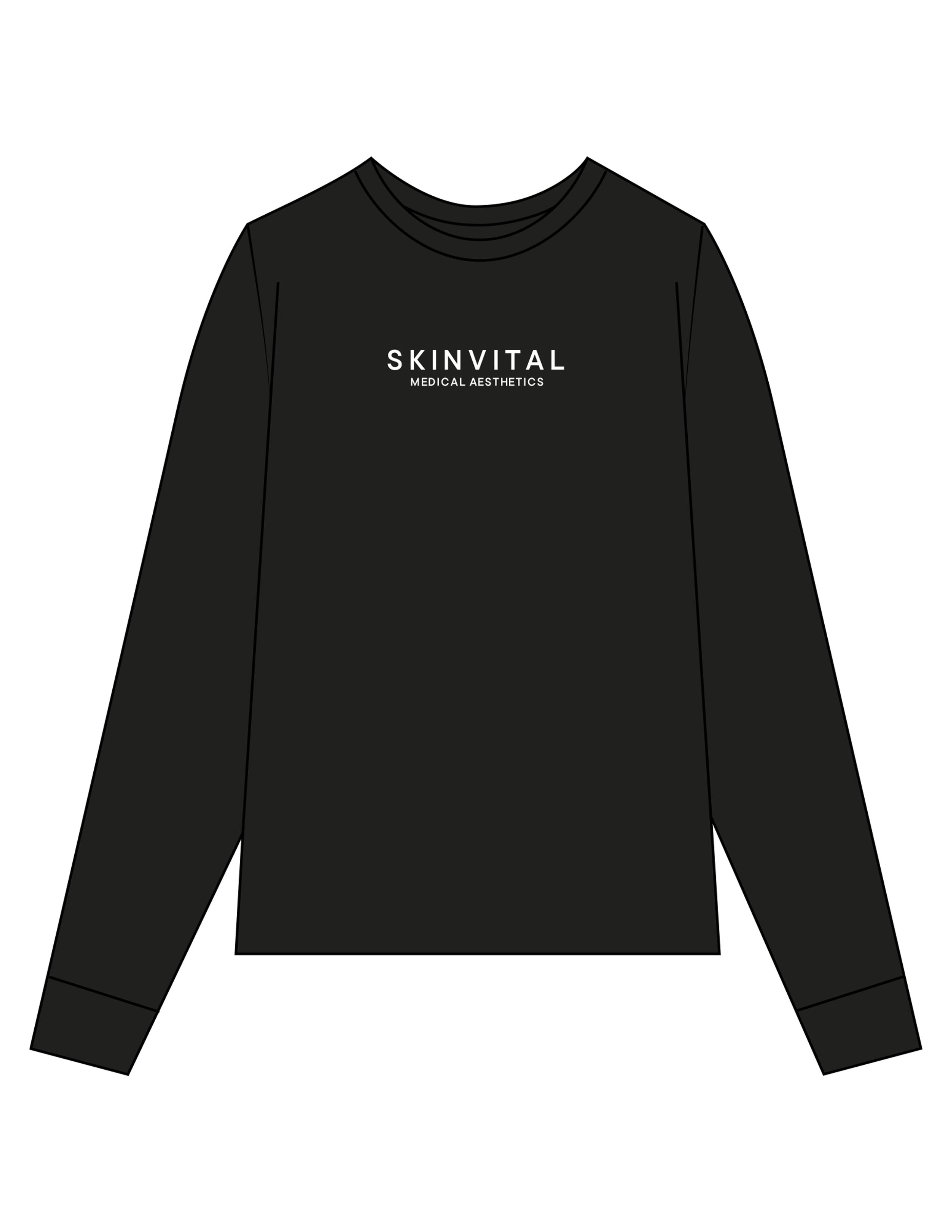 The Womens Long Sleeve - Black - Skinvital - Center Chest Stacked - Printed - White