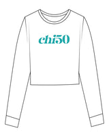 The Crop Long Sleeve - White - Chi50 - Center Chest - Printed - Teal