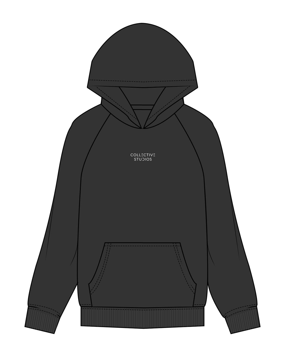 The Mens Hoodie - Washed Black - Collective Studios - Center Chest - Embroidered - White