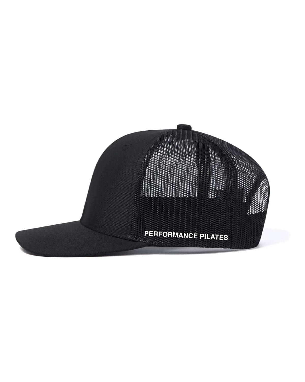 The Trucker Hat - 5 Panel - Black - Onyx Fit - Center & Left Side - White