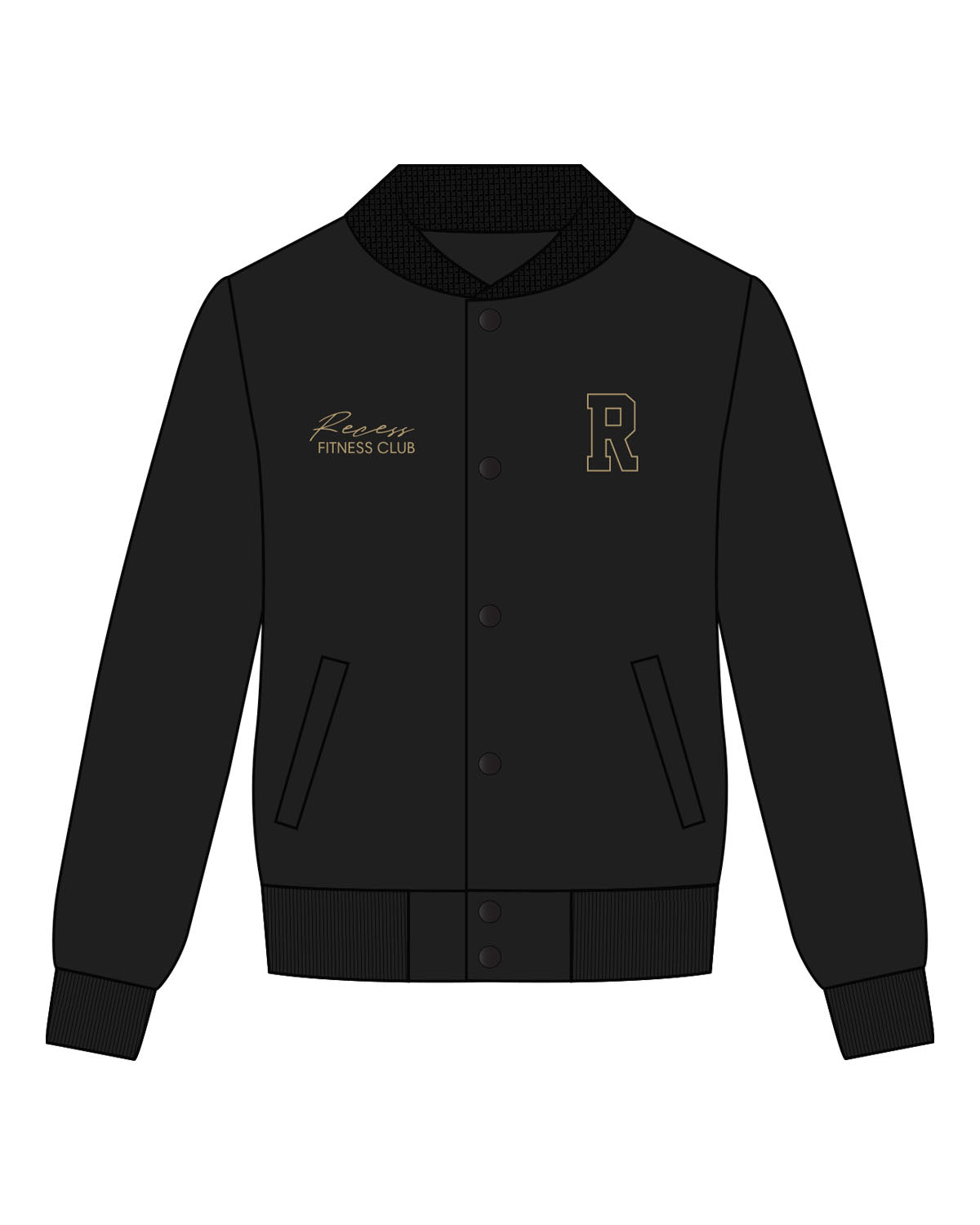 The Mens Varsity Jacket - Black - Recess Fitness - Left & Right Chest - Embroidered - Sandy Beige - Upper Back - Printed - Sandy Beige
