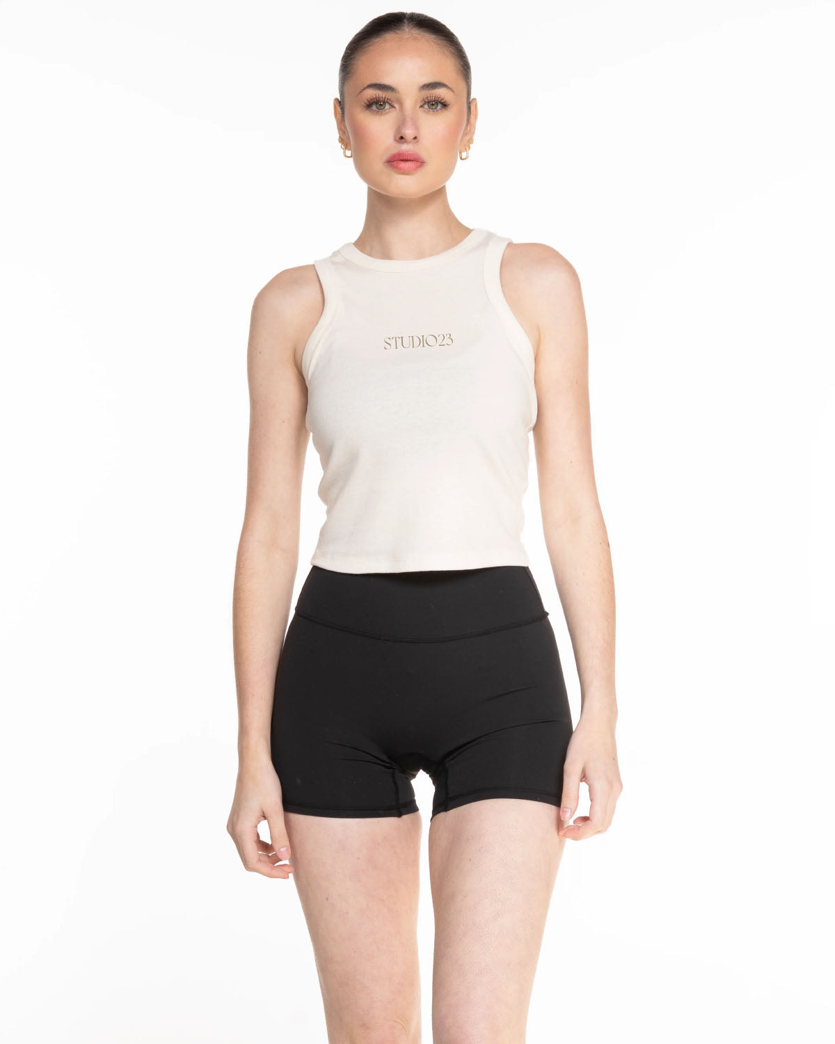 The Micro Rib Racer Crop - Natural - Studio23 - Center Chest - "Studio23" Logo - Embroidered - Tan