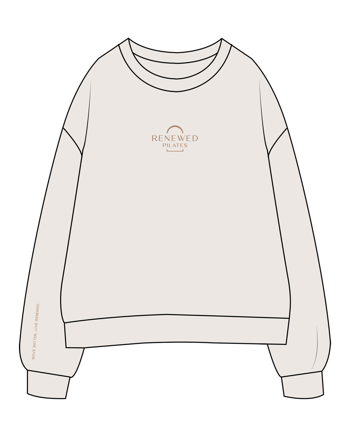 The Womens Crewneck - Bone - Renewed Pilates - Center Chest - Left Sleeve - Embroidered - Light Brown
