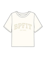 The Boxy Crop Tee - Off White - Bigger Picture Fitness - Arc Chest Stacked - Printed - Tone on Tone