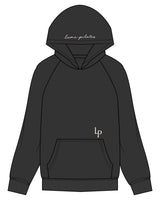 The Mens Hoodie - Washed Gray - Lume Pilates - Top Hood - Upper Left Pocket - Full Back - Printed - OffWhite