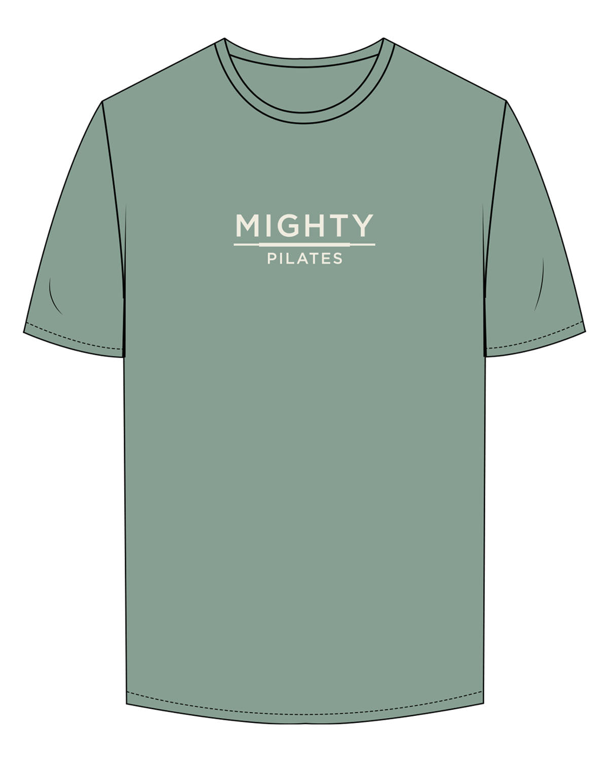 The Mens Tee - Sage - Mighty Pilates - Center Chest Stacked - Printed - Off White