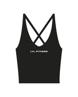 The Sporty Strappy Tank - Black - LVL - Chest Stacked & Back Icon - Printed - White