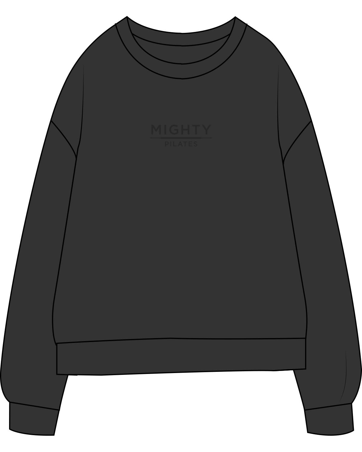 The Midweight Unisex Crewneck - Washed Black - Mighty Pilates - Center Chest Stacked - Embroidered - Tone on Tone