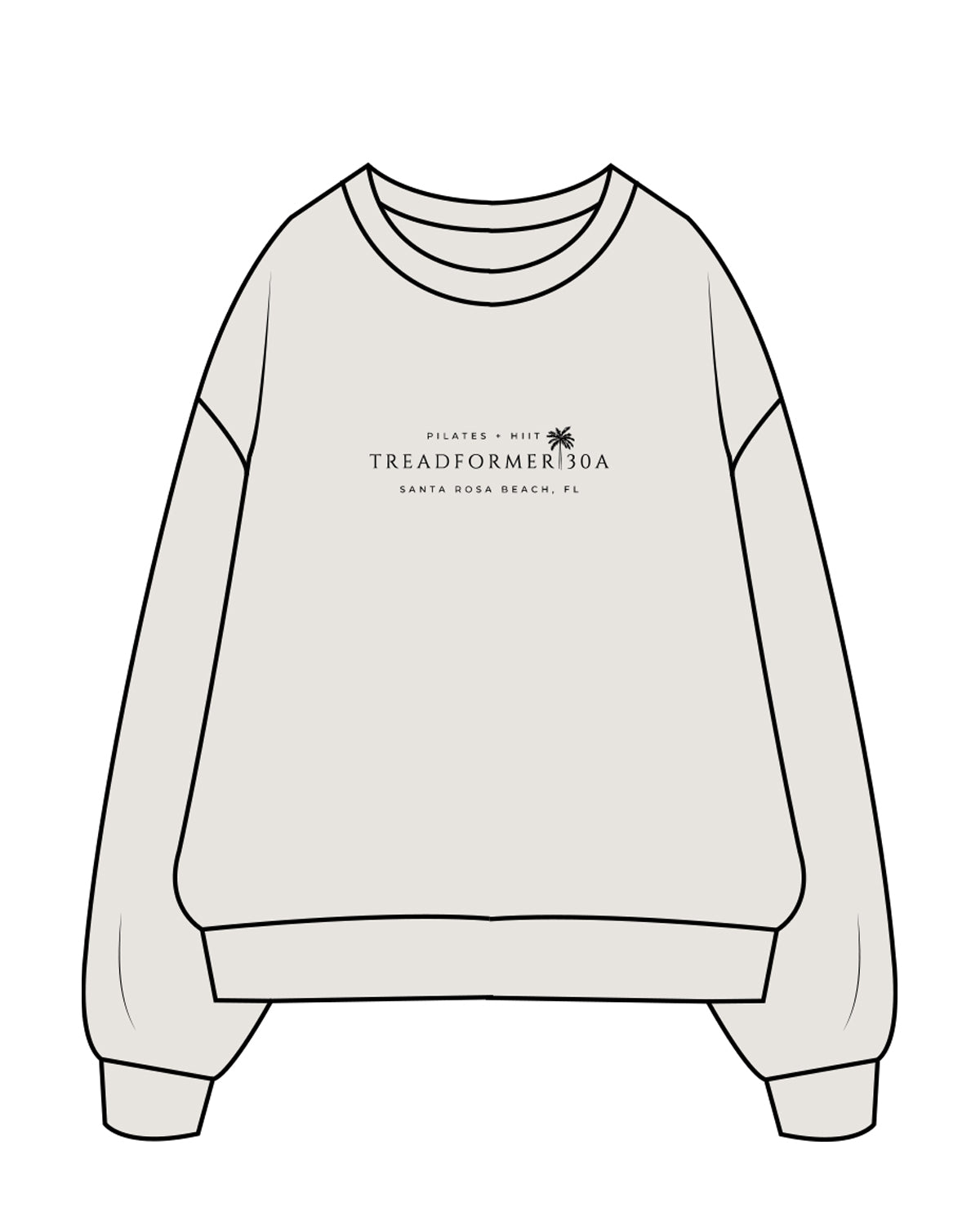 The Womens Crewneck - Washed Bone - Treadformer 30A - Chest Stacked - Back Stacked - Full Color