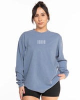 The Unisex Midweight Long Sleeve - Denim Blue - Activate House - Center Chest Stacked & Top Back Center Stacked - White