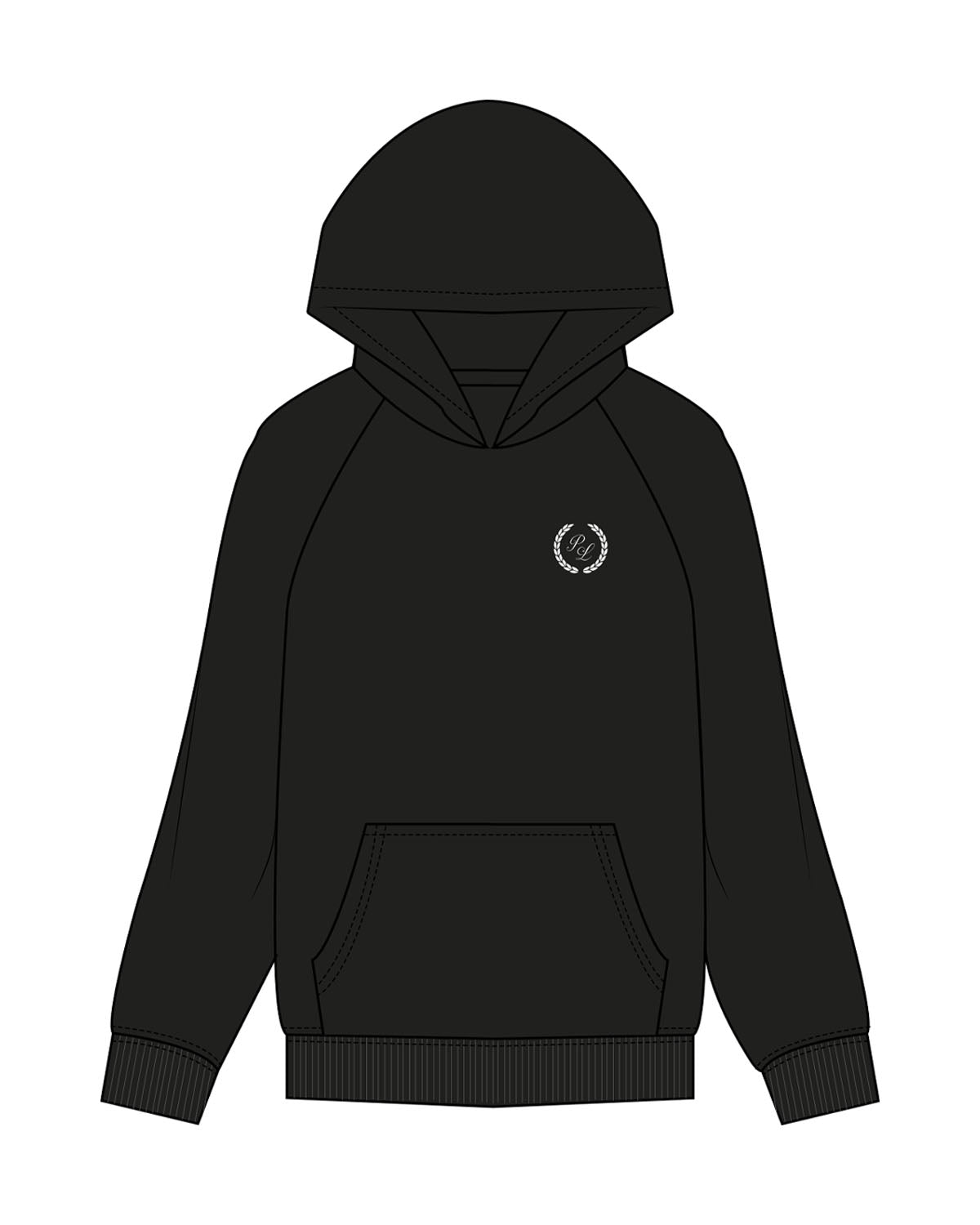 The Womens Hoodie - Black - Platform - Left  Chest & Back - Printed - White