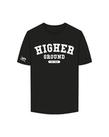 The Mens Tee - Black - Higher Ground - Center Chest Stacked & Right Sleeve Logo - Printed - White