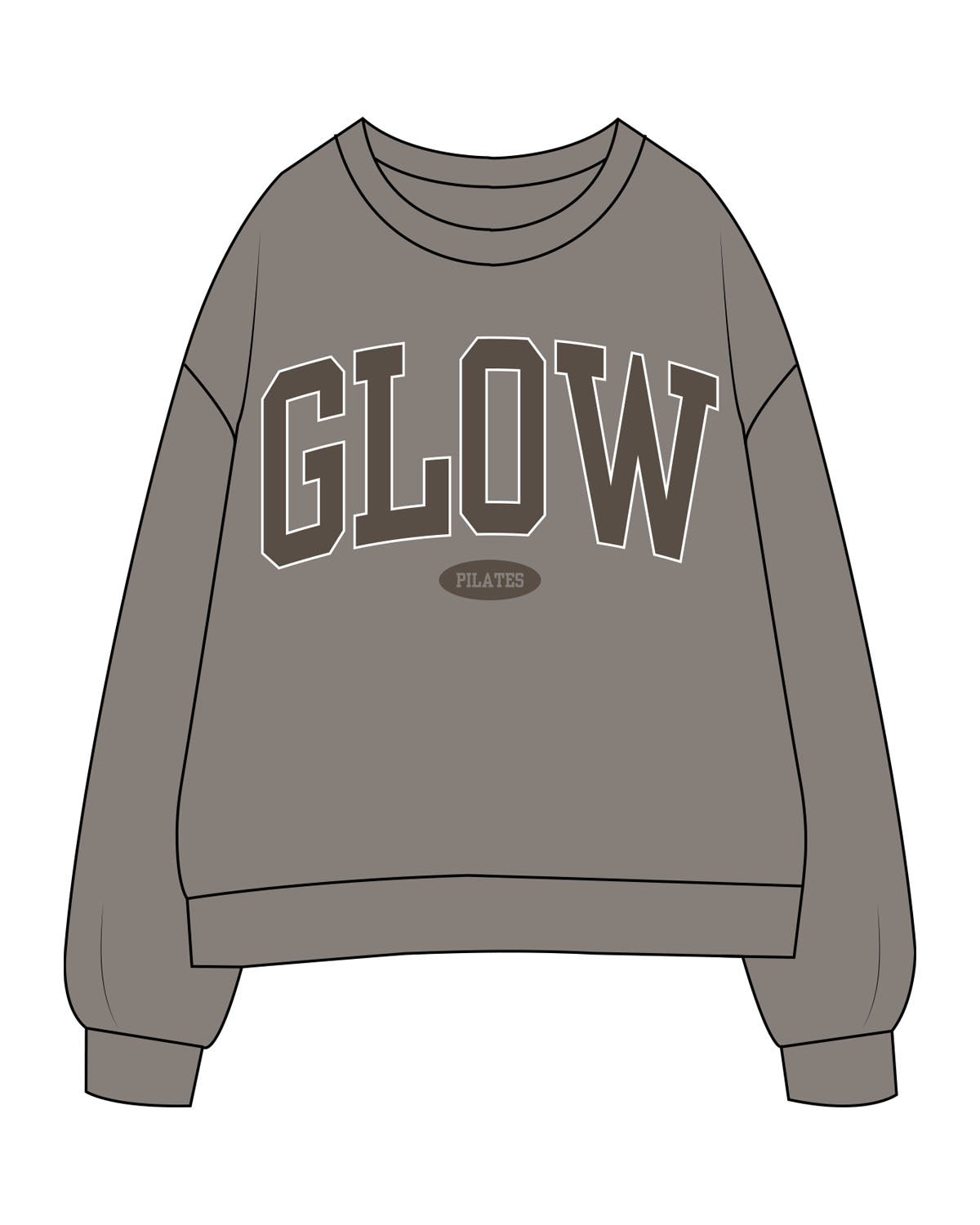 The Womens Crewneck - Washed Gray - GlowPilates - Center Chest Arc Stacked - Printed - Full Color