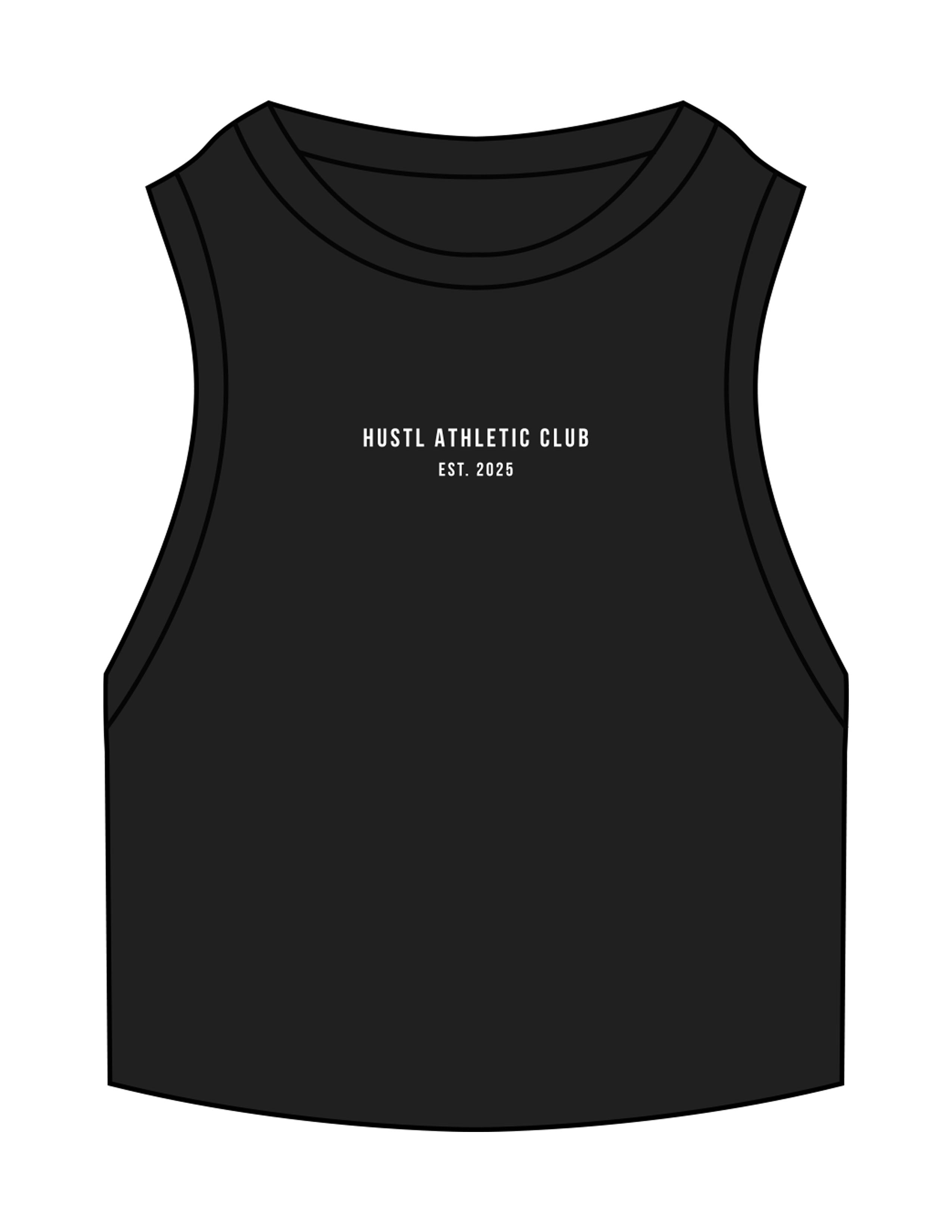 The Ribbed Crop Tank - Black - HUSTL Athletic Club - Center Chest Stacked - Embroidered - Off White