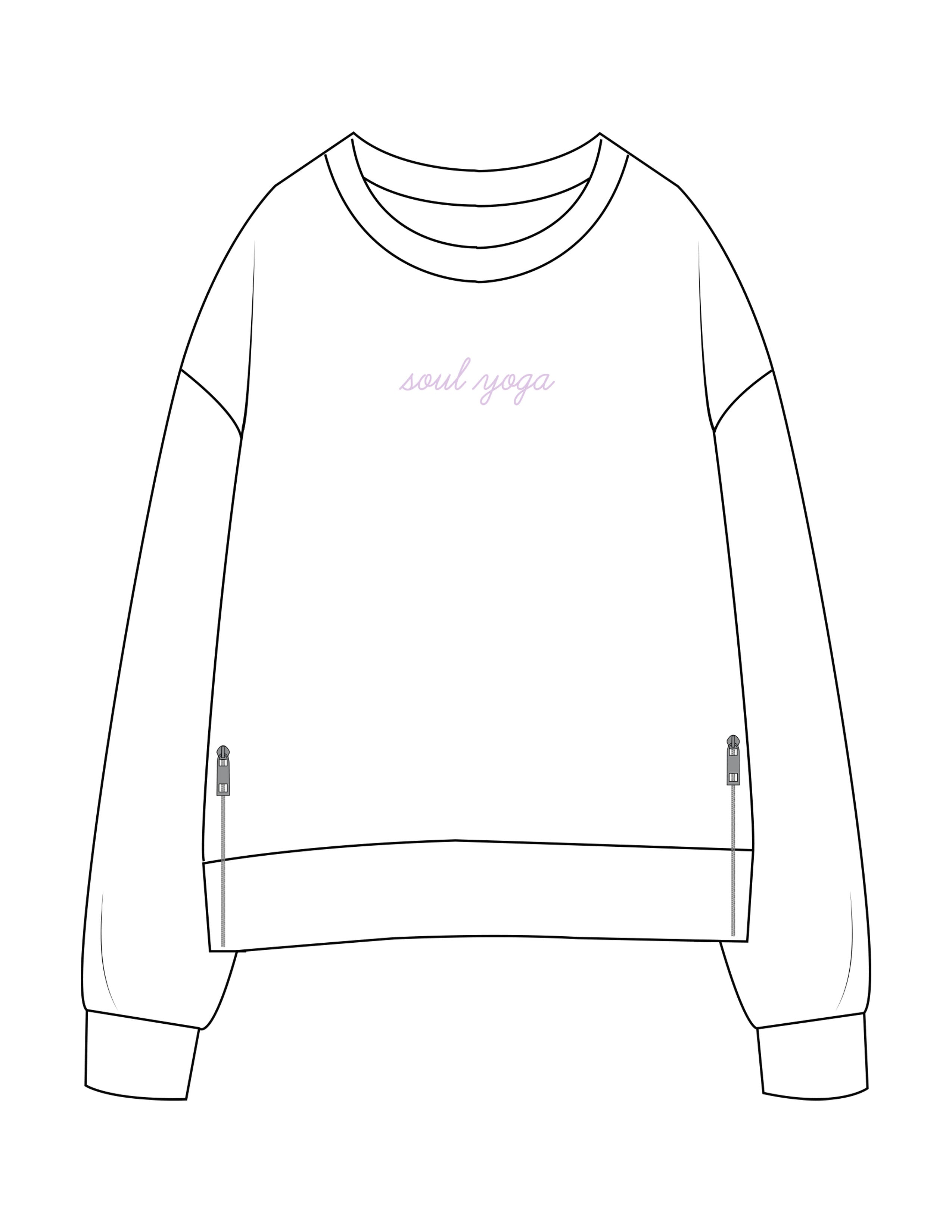 The Side Zip Crewneck - White - Soul Yoga - Center Chest Script - Printed - Lavender