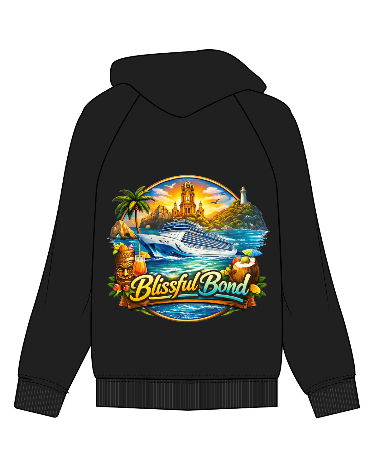 The Mens Hoodie - Black - Blissful Bond - Left Chest Round - Back Full Center - Printed - Full Color