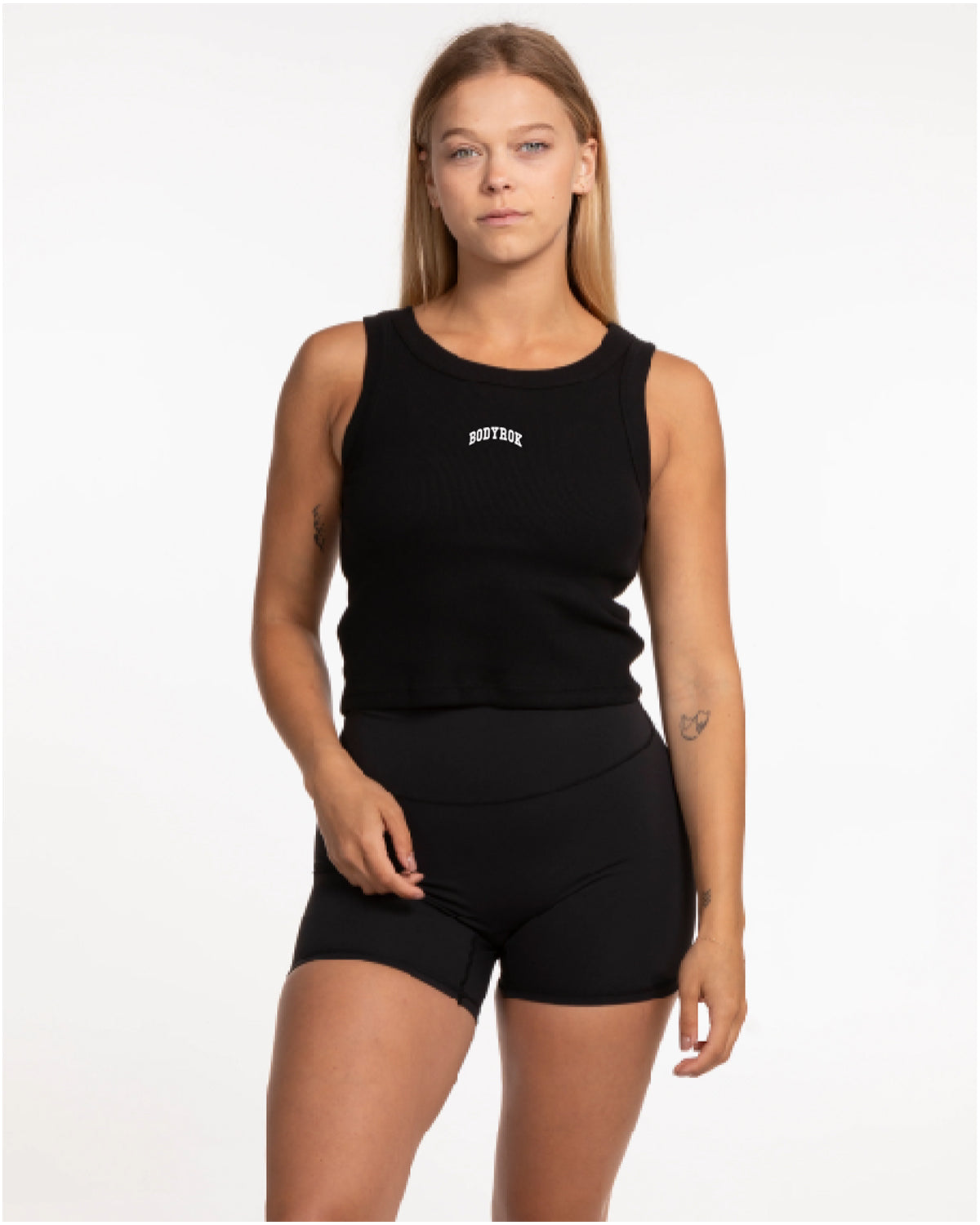 The Ribbed Crop Tank - Black - BODYROK Employee - Center Chest - Embroidered - Cream