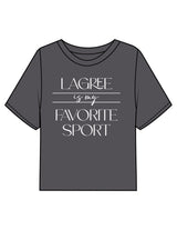 The Boxy Crop Tee - Charcoal - HiLo - Chest Stacked "LAGREE" w/ Script & Back Neckline Round - Printed - White
